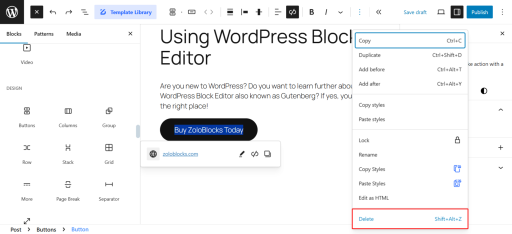 Deleting Blocks in WordPress Block Editor