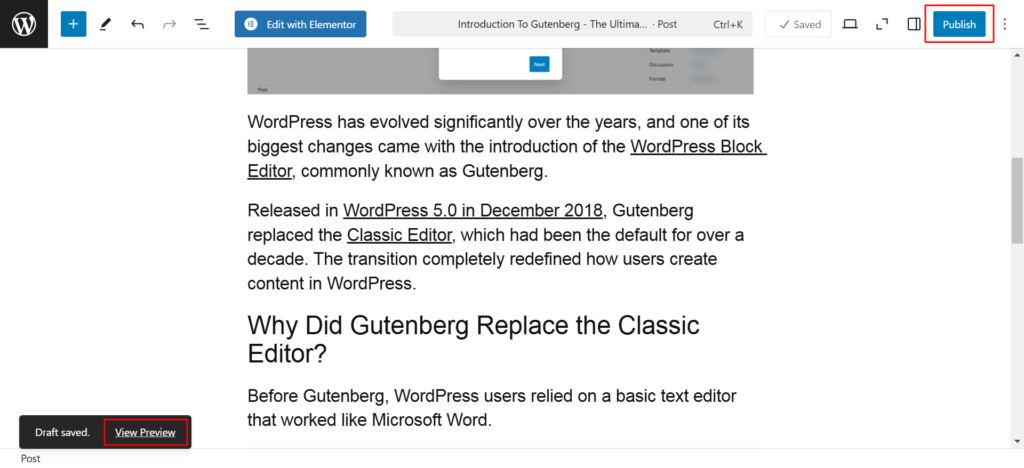 Previewing and Publishing in Gutenberg Builder