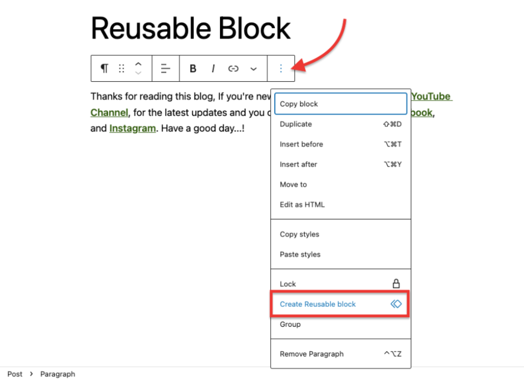 Using Reusable Block in WordPress Block Editor