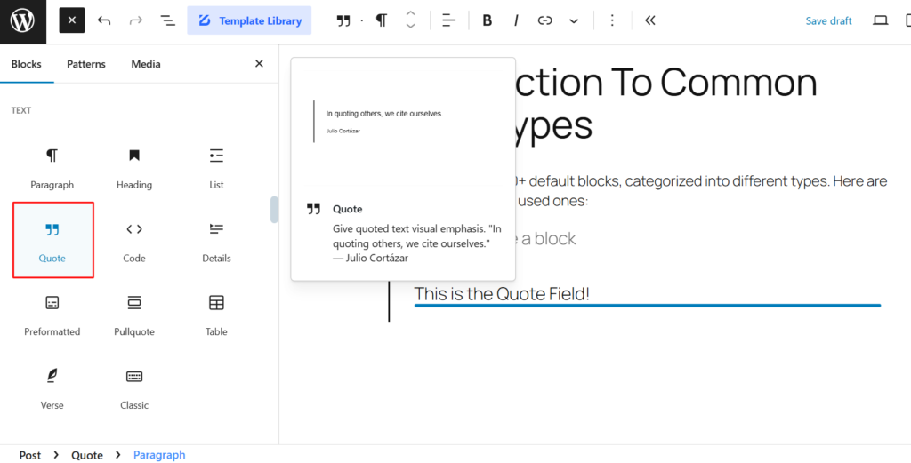 Quote Text Block in Gutenberg Builder