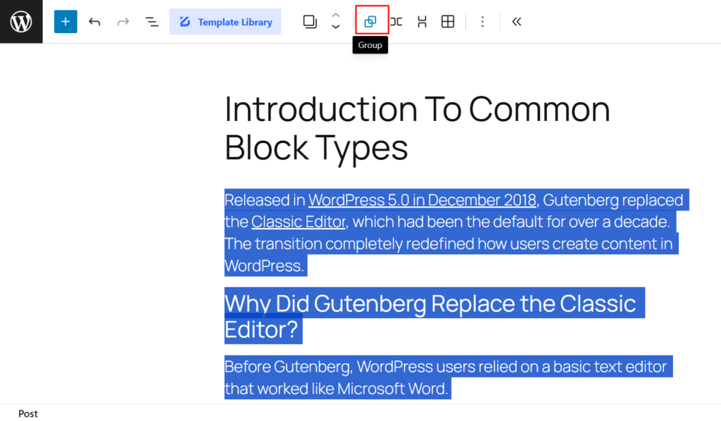 Grouping Blocks in WordPress Block Editor