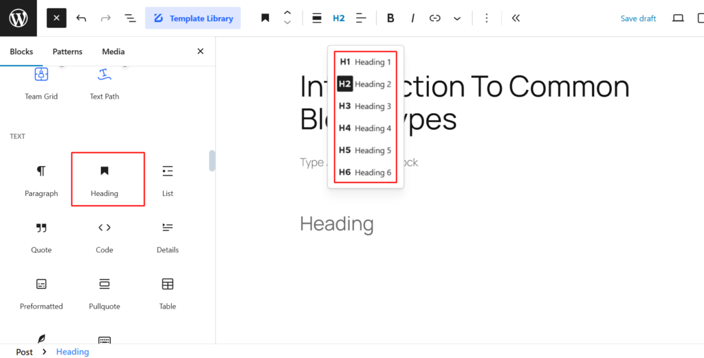 Heading Text Block in Gutenberg Builder