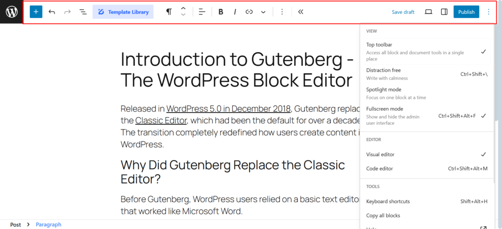 Top Toolbar in Gutenberg Builder