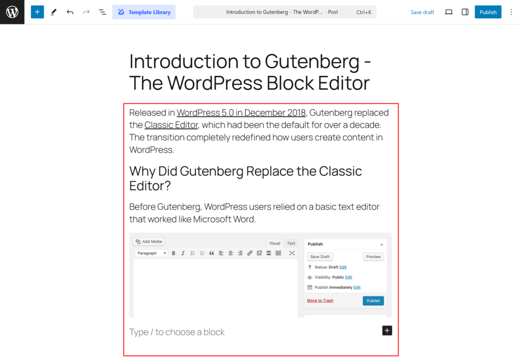 Content Area (Block-Based System) in WordPress Block Editor