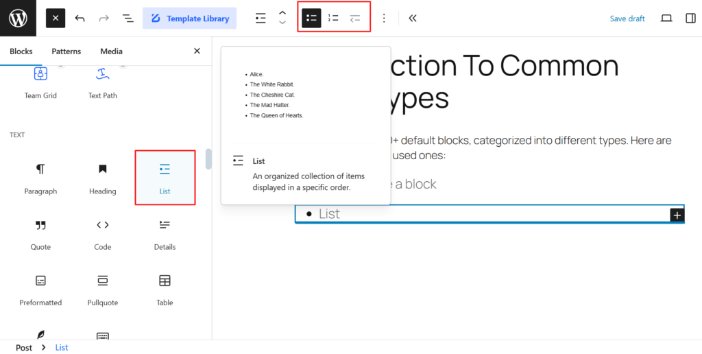 List in Gutenberg Builder
