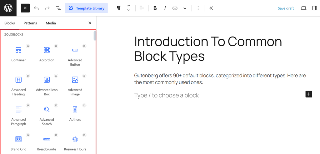 ZoloBlocks layout in Gutenberg Builder