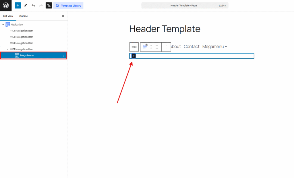 Click on the ” + ” icon to add new items to the mega menu