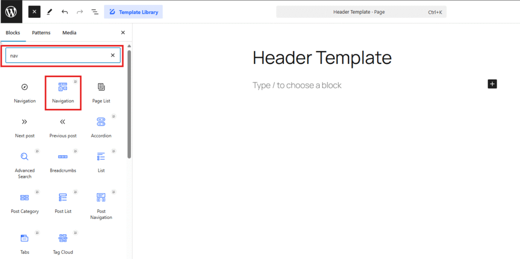 Search by the Navigation block name