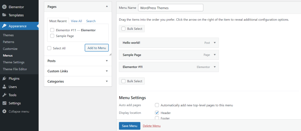 Assign the menu to your preferred location (header, footer, or sidebar) and save