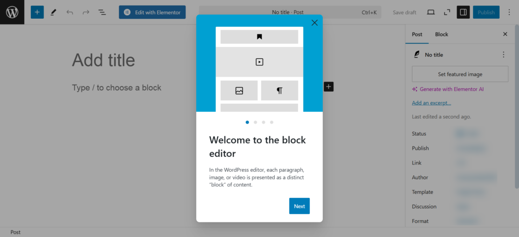 The Gutenberg editor will open, displaying an empty canvas with a placeholder for the post title and the first block