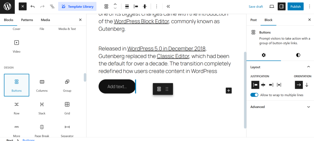 Drag and drop blocks directly into the content area.