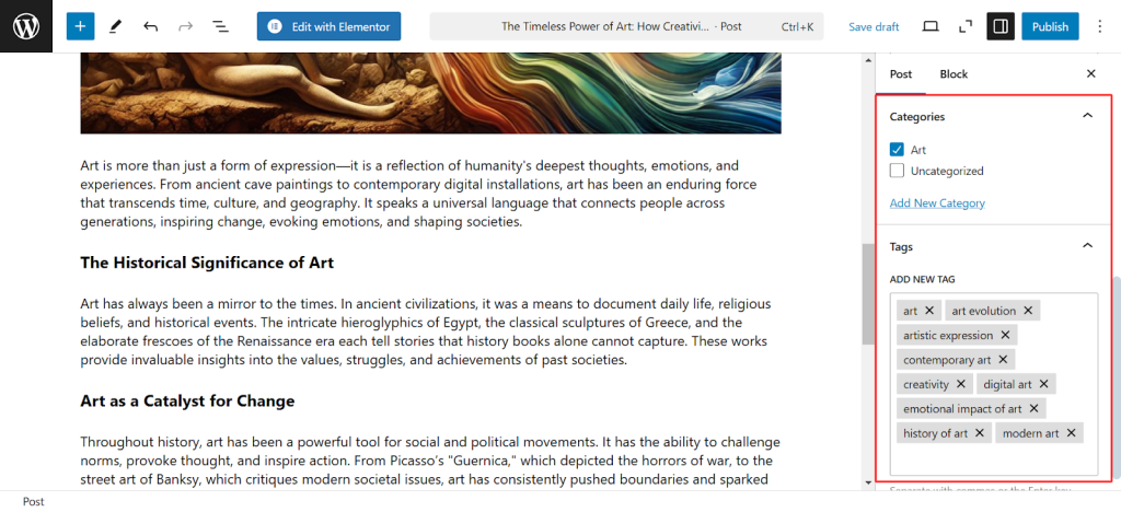 Assign categories and tags to organize your content.