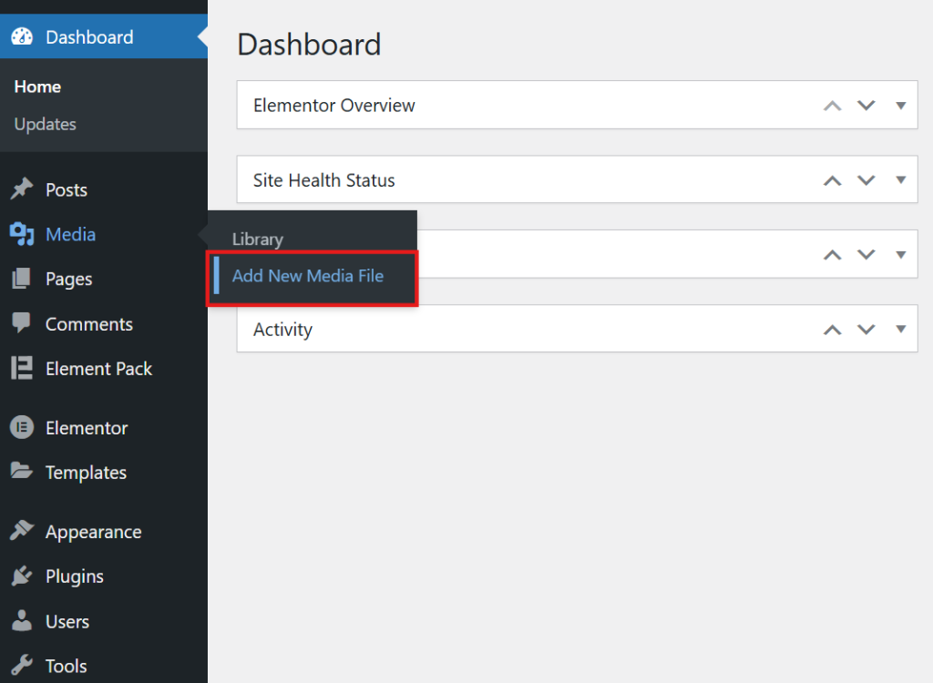 Go to Media > Add New Media File to upload images, videos, PDFs, etc.