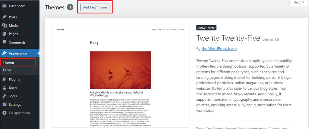 Go to Appearance → Themes → Add New Theme