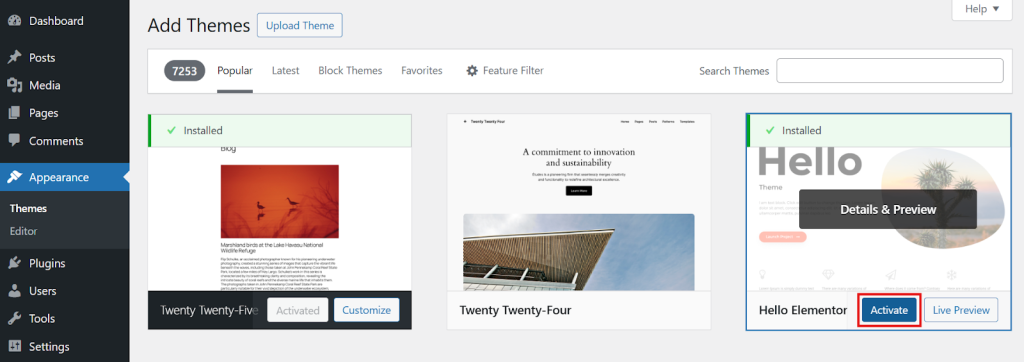 Browse or upload your chosen theme, click Install, then Activate.