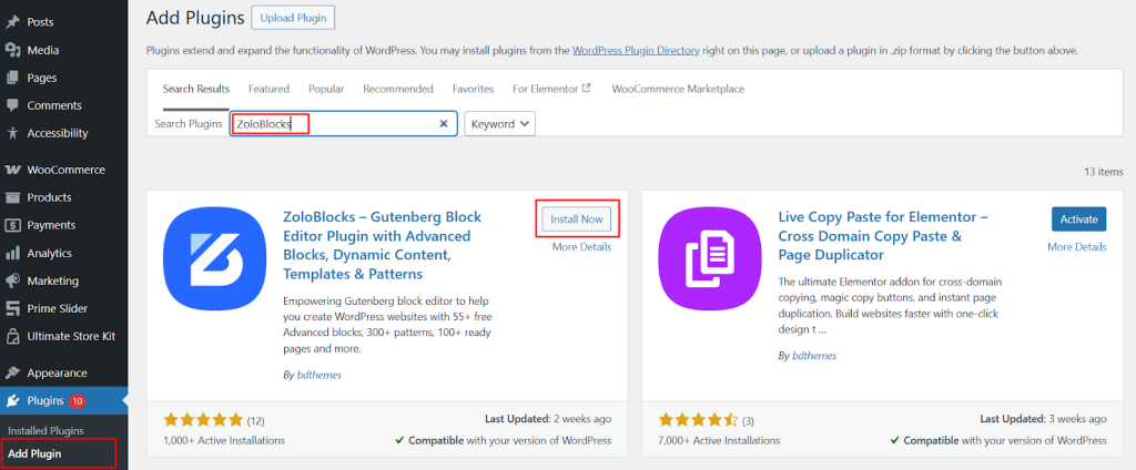 Search for the plugin name (e.g., “ZoloBlocks”).
Click Install.